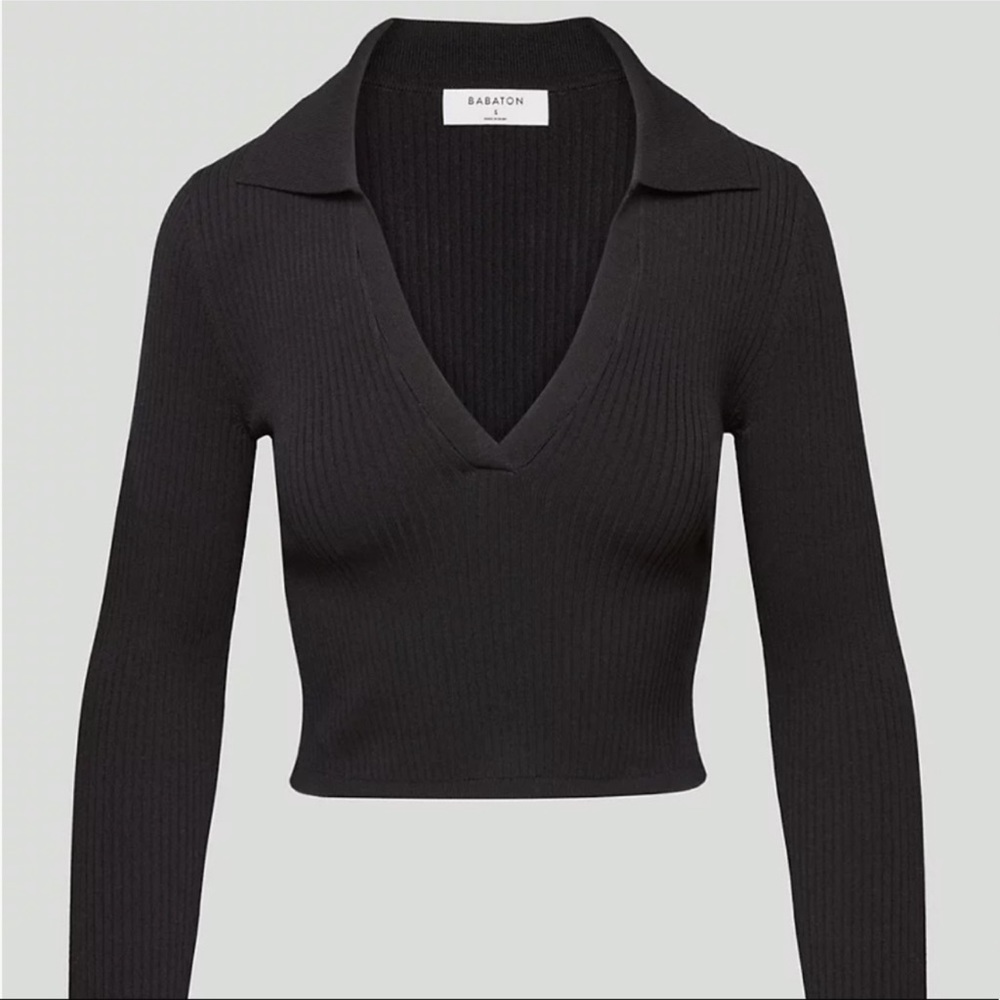 Aritzia Babaton Sculpt Knit Polo Long Sleeve Black NWT Sz XL